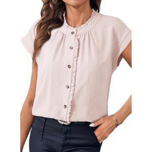 image:imageDokotoo Womens Summer Tops Ruffle Crewneck Short Sleeve Button Down Shirts Boho Chiffon BlousesApricot
