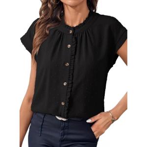image:imageDokotoo Womens Summer Tops Ruffle Crewneck Short Sleeve Button Down Shirts Boho Chiffon BlousesBlack