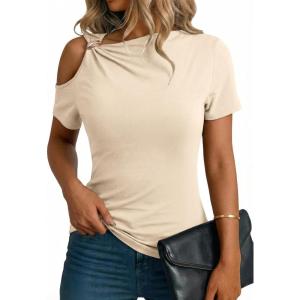 image:imageDokotoo Womens Summer Tops Short Sleeve Cold Shoulder Metal Decorated Fashion TShirts Ribbed Knit Slim Fit Tee BlousesApricot