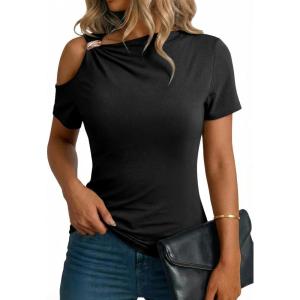 image:imageDokotoo Womens Summer Tops Short Sleeve Cold Shoulder Metal Decorated Fashion TShirts Ribbed Knit Slim Fit Tee BlousesBlack