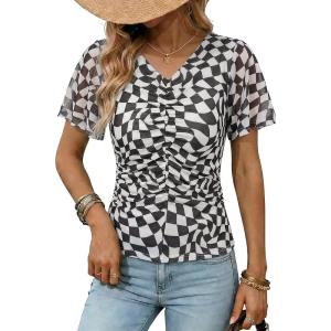 image:imageDokotoo Womens Summer Tops Short Sleeve Mesh Boho Floral V Neck Ruched Front Casual Slim Fit Stretch Blouses ShirtsBlack