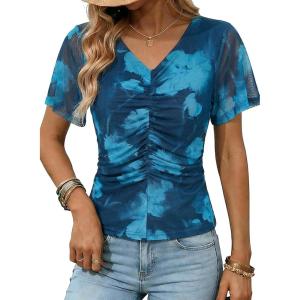 image:imageDokotoo Womens Summer Tops Short Sleeve Mesh Boho Floral V Neck Ruched Front Casual Slim Fit Stretch Blouses ShirtsBlue