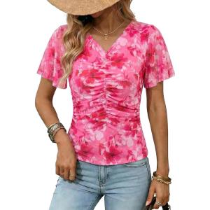 image:imageDokotoo Womens Summer Tops Short Sleeve Mesh Boho Floral V Neck Ruched Front Casual Slim Fit Stretch Blouses ShirtsRosy