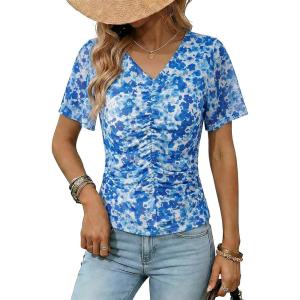 image:imageDokotoo Womens Summer Tops Short Sleeve Mesh Boho Floral V Neck Ruched Front Casual Slim Fit Stretch Blouses ShirtsSky Blue