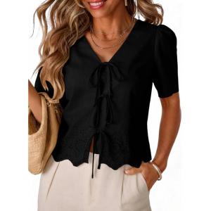 image:imageDokotoo Womens Tie Front Tops Summer VNeck Puff Short Sleeve Crop Tops Loose Fit Blouses Eyelet Embroidered ShirtsBlack