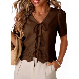 image:imageDokotoo Womens Tie Front Tops Summer VNeck Puff Short Sleeve Crop Tops Loose Fit Blouses Eyelet Embroidered ShirtsCoffee