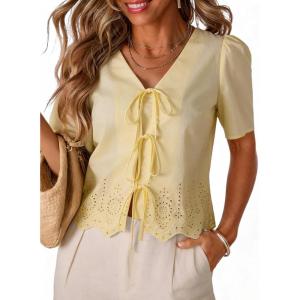 image:imageDokotoo Womens Tie Front Tops Summer VNeck Puff Short Sleeve Crop Tops Loose Fit Blouses Eyelet Embroidered ShirtsYellow
