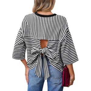image:imageDokotoo Womens Tops 2026 Striped Tie Back Short Sleeve T Shirts Crewneck Casual Loose Basic Tee Summer OutfitsBlack Stripe