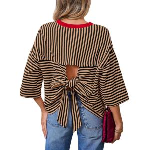 image:imageDokotoo Womens Tops 2026 Striped Tie Back Short Sleeve T Shirts Crewneck Casual Loose Basic Tee Summer OutfitsBrown Stripe
