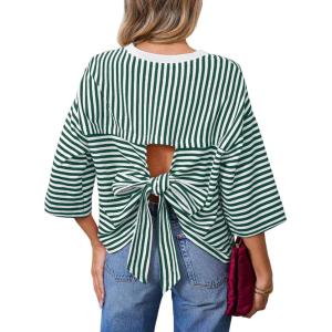 image:imageDokotoo Womens Tops 2026 Striped Tie Back Short Sleeve T Shirts Crewneck Casual Loose Basic Tee Summer OutfitsGreen Stripe