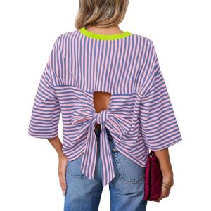 image:imageDokotoo Womens Tops 2026 Striped Tie Back Short Sleeve T Shirts Crewneck Casual Loose Basic Tee Summer OutfitsPink Stripe