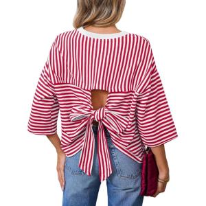image:imageDokotoo Womens Tops 2026 Striped Tie Back Short Sleeve T Shirts Crewneck Casual Loose Basic Tee Summer OutfitsRed Stripe