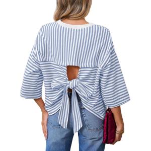 image:imageDokotoo Womens Tops 2026 Striped Tie Back Short Sleeve T Shirts Crewneck Casual Loose Basic Tee Summer OutfitsSky Blue Stripe