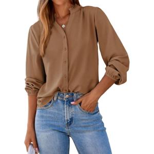 image:imageDokotoo Womens Tops Blouses for Women Dressy Casual Button Down Shirts V Neck Long Sleeve Shirts Business Work BlousesBrown