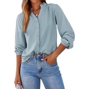 image:imageDokotoo Womens Tops Blouses for Women Dressy Casual Button Down Shirts V Neck Long Sleeve Shirts Business Work BlousesLight Blue