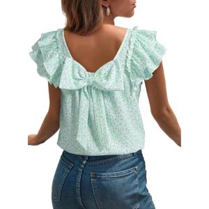 image:imageDokotoo Womens Tops Casual Square Neck Bow Tie Back Blouse Ruffle Butterfly Sleeve Babydoll Textured ShirtA Green