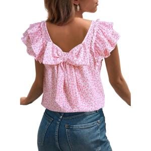 image:imageDokotoo Womens Tops Casual Square Neck Bow Tie Back Blouse Ruffle Butterfly Sleeve Babydoll Textured ShirtA Pink