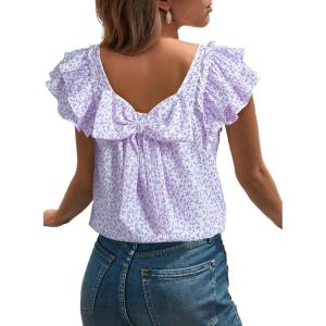 image:imageDokotoo Womens Tops Casual Square Neck Bow Tie Back Blouse Ruffle Butterfly Sleeve Babydoll Textured ShirtA Purple