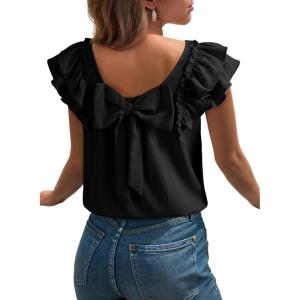 image:imageDokotoo Womens Tops Casual Square Neck Bow Tie Back Blouse Ruffle Butterfly Sleeve Babydoll Textured ShirtBlack