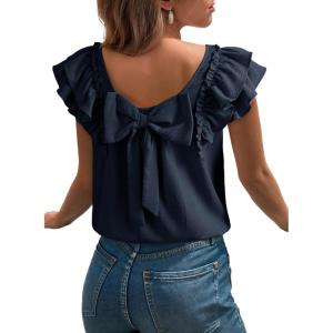 image:imageDokotoo Womens Tops Casual Square Neck Bow Tie Back Blouse Ruffle Butterfly Sleeve Babydoll Textured ShirtSail Blue