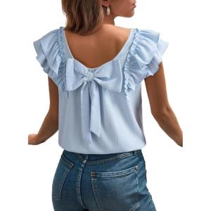 image:imageDokotoo Womens Tops Casual Square Neck Bow Tie Back Blouse Ruffle Butterfly Sleeve Babydoll Textured ShirtSky Blue