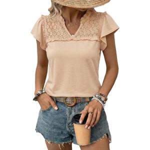 image:imageDokotoo Womens Tops Casual VNeck Pleated Short Sleeve Blouses Patchwork Hollow Out Ruffle Lace ShirtsApricot