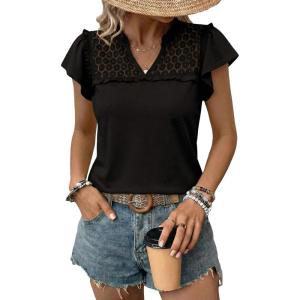 image:imageDokotoo Womens Tops Casual VNeck Pleated Short Sleeve Blouses Patchwork Hollow Out Ruffle Lace ShirtsBlack