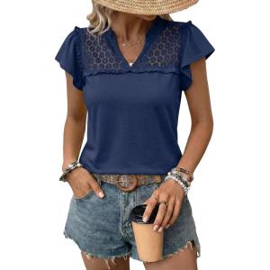 image:imageDokotoo Womens Tops Casual VNeck Pleated Short Sleeve Blouses Patchwork Hollow Out Ruffle Lace ShirtsBlue