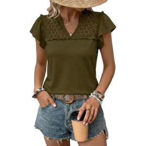 image:imageDokotoo Womens Tops Casual VNeck Pleated Short Sleeve Blouses Patchwork Hollow Out Ruffle Lace ShirtsGreen