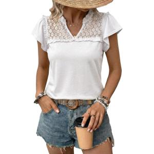 image:imageDokotoo Womens Tops Casual VNeck Pleated Short Sleeve Blouses Patchwork Hollow Out Ruffle Lace ShirtsWhite