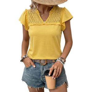 image:imageDokotoo Womens Tops Casual VNeck Pleated Short Sleeve Blouses Patchwork Hollow Out Ruffle Lace ShirtsYellow