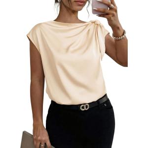 image:imageDokotoo Womens Tops Dressy Casual Elegant Bow Tie Neck Short Sleeve Blouses Spring Office Work Business Outfits ShirtsBeige