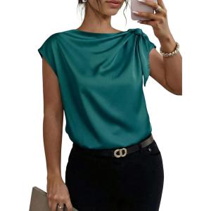 image:imageDokotoo Womens Tops Dressy Casual Elegant Bow Tie Neck Short Sleeve Blouses Spring Office Work Business Outfits ShirtsGreen