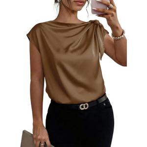 image:imageDokotoo Womens Tops Dressy Casual Elegant Bow Tie Neck Short Sleeve Blouses Spring Office Work Business Outfits ShirtsKhaki