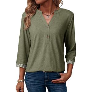 image:imageDokotoo Womens Tops Spring Summer 34 Length Sleeve Fashion TShirts V Neck Button Down Dressy Casual Loose Basic Tee BlousesArmy Green