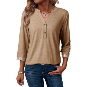 image:imageDokotoo Womens Tops Spring Summer 34 Length Sleeve Fashion TShirts V Neck Button Down Dressy Casual Loose Basic Tee BlousesBeige