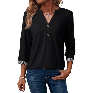 image:imageDokotoo Womens Tops Spring Summer 34 Length Sleeve Fashion TShirts V Neck Button Down Dressy Casual Loose Basic Tee BlousesBlack