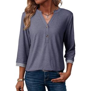 image:imageDokotoo Womens Tops Spring Summer 34 Length Sleeve Fashion TShirts V Neck Button Down Dressy Casual Loose Basic Tee BlousesBlue