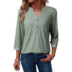 image:imageDokotoo Womens Tops Spring Summer 34 Length Sleeve Fashion TShirts V Neck Button Down Dressy Casual Loose Basic Tee BlousesGreen