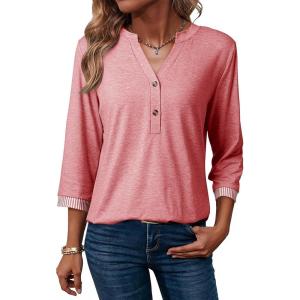 image:imageDokotoo Womens Tops Spring Summer 34 Length Sleeve Fashion TShirts V Neck Button Down Dressy Casual Loose Basic Tee BlousesPink