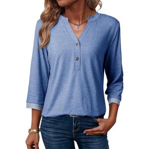 image:imageDokotoo Womens Tops Spring Summer 34 Length Sleeve Fashion TShirts V Neck Button Down Dressy Casual Loose Basic Tee BlousesSky Blue