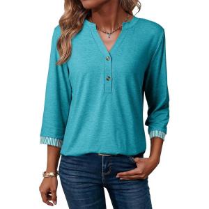 image:imageDokotoo Womens Tops Spring Summer 34 Length Sleeve Fashion TShirts V Neck Button Down Dressy Casual Loose Basic Tee BlousesTurquoise