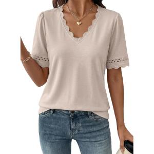 image:imageDokotoo Womens Tops Summer Casual Short Sleeve V Neck Lace Shirts Dressy Eyelet Embroidery BlousesLight Khaki