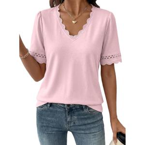 image:imageDokotoo Womens Tops Summer Casual Short Sleeve V Neck Lace Shirts Dressy Eyelet Embroidery BlousesPink