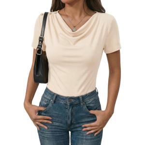 image:imageDokotoo Womens Tops Summer Cowl Neck Side Pleated Short Sleeve Shirt Slim Fit T Shirts Dressy 2026 Fashion OutfitsBeige
