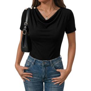 image:imageDokotoo Womens Tops Summer Cowl Neck Side Pleated Short Sleeve Shirt Slim Fit T Shirts Dressy 2026 Fashion OutfitsBlack
