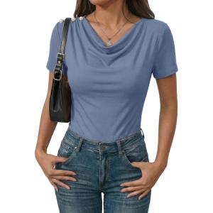 image:imageDokotoo Womens Tops Summer Cowl Neck Side Pleated Short Sleeve Shirt Slim Fit T Shirts Dressy 2026 Fashion OutfitsBlue
