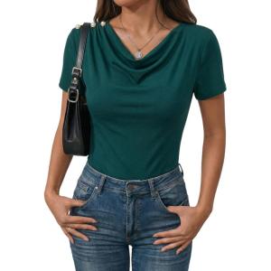 image:imageDokotoo Womens Tops Summer Cowl Neck Side Pleated Short Sleeve Shirt Slim Fit T Shirts Dressy 2026 Fashion OutfitsGreen