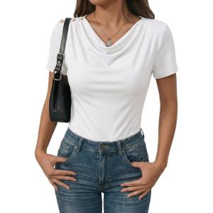 image:imageDokotoo Womens Tops Summer Cowl Neck Side Pleated Short Sleeve Shirt Slim Fit T Shirts Dressy 2026 Fashion OutfitsWhite