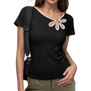 image:imageDokotoo Womens Tops Summer Short Sleeve Crew Neck Slim Fitted Blouse Trendy Cut Out Floral Pattern Basic Tees ShirtsBlack